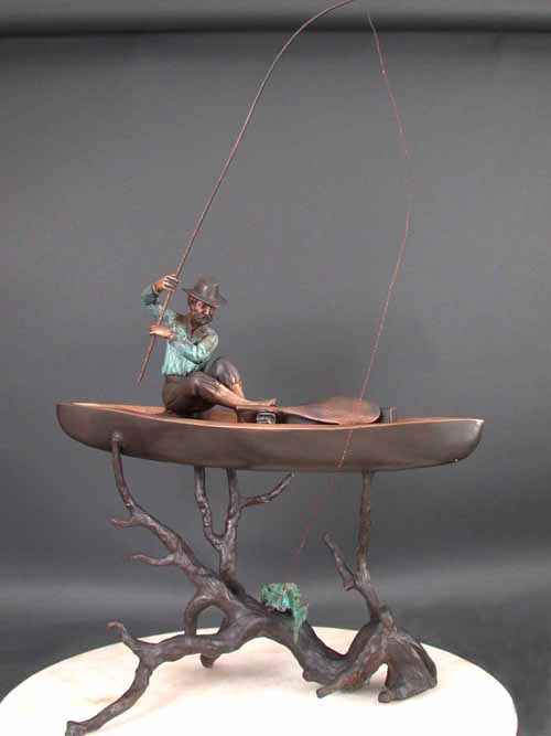 "FISHERMAN" Bronze Sculpture Fishing Koi Pond Boat (OPTIONAL FREE PUMP)